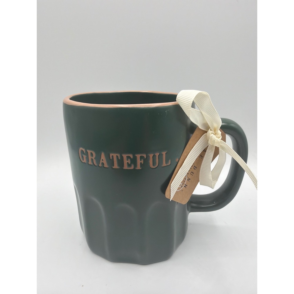 Rae Dunn GRATEFUL Green Ridged Ceramic Mug Fall Thanksgiving